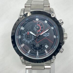 Lige Chronograph Watch Men 43mm Silver Tone Black Date WR New Battery 7.5"